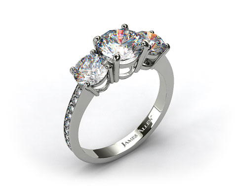 18k White Gold Three Stone Round and Pave Set Diamond Engagement Ring